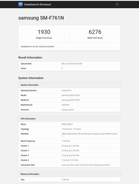 Galaxy Z Flip FE Geekbench 列表（图片来源：Abhishek Yadav on X）