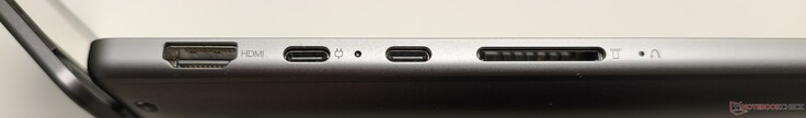 左侧：HDMI 2.1、2x USB-C 4（包括 DisplayPort 2.1 和 Power Delivery）、SD 读卡器