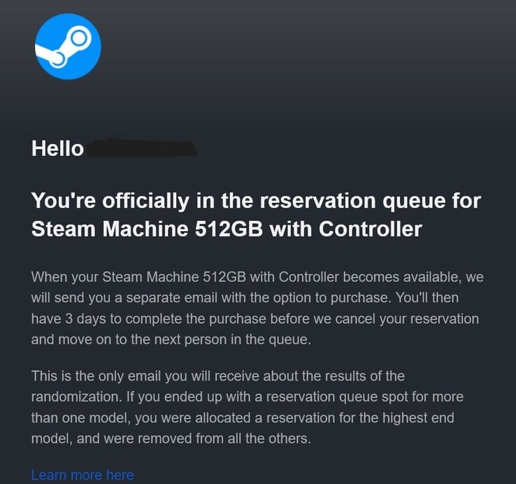 Steam Machine 预订邮件。