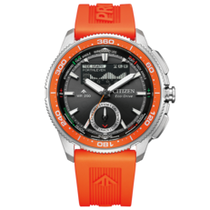 Citizen Promaster Wave Tracker JV3000-13E 正面产品图片,配有橙色橡胶表带、橙色表圈、黑色表盘和模拟数字帆船赛计时器显示。