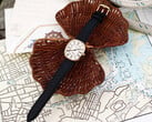金色 Noah × Timex Boatswain 腕表,配有白色罗马数字表盘和黑色皮革表带,置于航海图和编织藤条上拍摄。