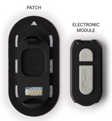 Connected Hydration 系统使用可重复使用的电子模块与一次性传感器贴片对接，以监测员工的水合情况。(来源：Epicore）