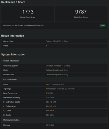 Core Ultra 9 185H Geekbench 列表（图片来自 Geekbench）