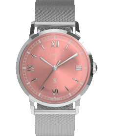 Timex x Todd Snyder Marlin Mesh 腕表,配有鲑鱼色太阳纹表盘和不锈钢网状表带。