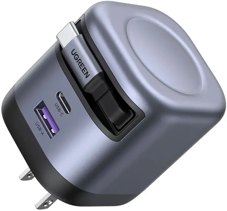 带可伸缩线缆的 Ugreen Nexode 45W USB-C 充电器。(图片来源：Ugreen）