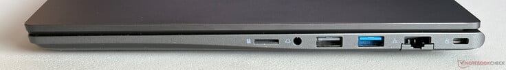 正确写法:microSD卡插槽、3.5毫米立体声插孔、USB-A 2.0、USB-A 3.2(5 Gbit/s)、千兆以太网、锁槽