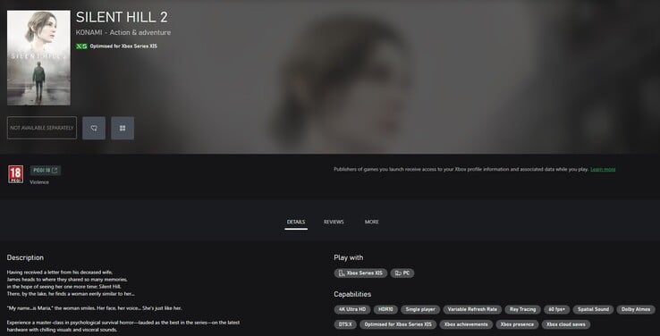 Screenshot of Silent Hill 2 game page on the Microsoft Store. (Image source: TrueAchievements)