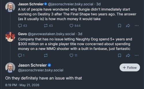 Jason Schreier Bluesky 发布关于索尼工作室的文章
