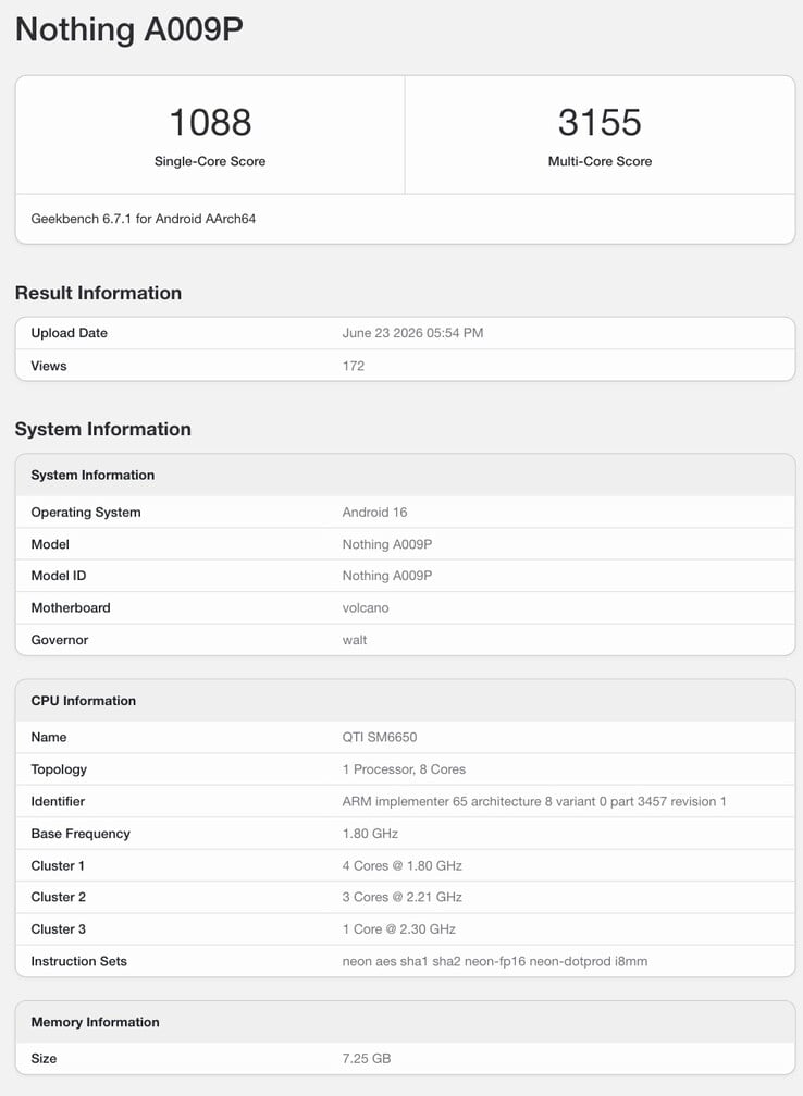 Geekbench 上出现了传闻中的 Nothing Phone (4b) 的信息。