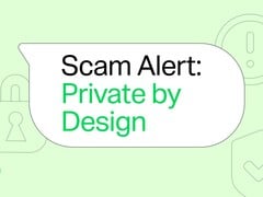 绿色 WhatsApp 对话气泡,内含文字“诈骗警报:设计即私密”