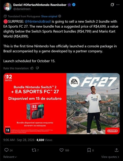 Switch 2 EA Sports FC 27 主机套装公告已显示