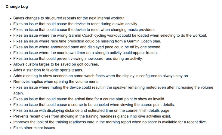 Garmin Forerunner 570 和 Forerunner 970 智能手表 16.14 测试版更新的更改日志。(图片来源：Garmin 论坛截图）