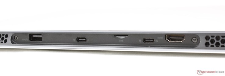 后部。USB-A 3.2 Gen. 1, USB-C w/ Thunderbolt 4 + DisplayPort + Power Delivery, MicroSD阅读器, USB-C w/ DisplayPort + Power Delivery, HDMI 2.1