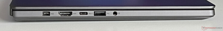 左：电源、HDMI 2.1、USB-C 4.0（40 GBit/s、DisplayPort 1.4、Power Delivery）、USB-A 3.2 Gen 2（10 GBit/s）、3.5 毫米音频
