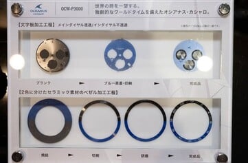 卡西欧Oceanus OCW-P3000陶瓷表圈和表盘的制造工艺，展示了嵌件和表盘在不同生产阶段的情况。