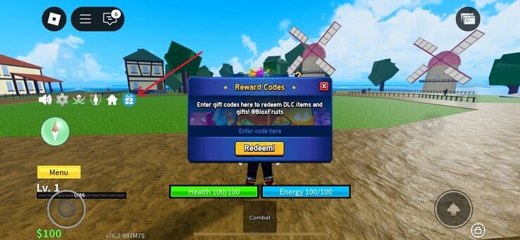 如图所示，点击礼物图标（图片来源：Roblox）