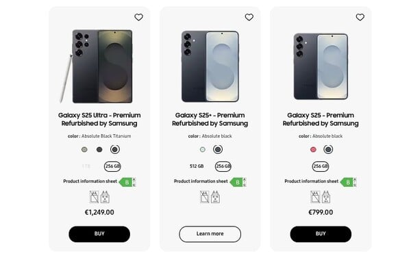 Galaxy S25 系列的颜色和配置在法国的 Certified Re-Newed 计划中提供。(图片来源：三星）