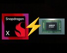 入门级骁龙 X 在 Geekbench 6 多核测试中与 Ryzen 7 8840U 展开较量。(图片来源：AMD、高通，经编辑）