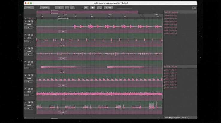 Audionaut 支持多轨音频编辑,此处在应用程序的时间轴中显示了多个音频片段。