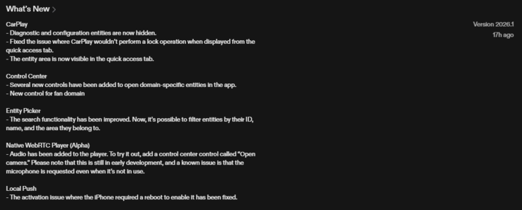 家庭助理 iOS 应用程序 2026.1 版的更改日志。(图片来源：Apple App Store 截图）