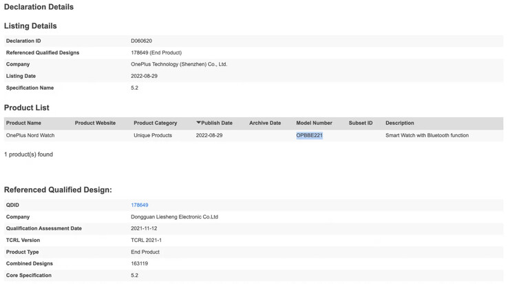 OnePlus Nord手表的新注册。(来源: 蓝牙技术联盟)