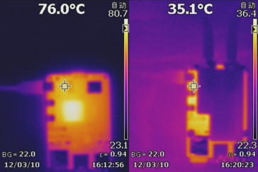 使用和不使用液体冷却器时的 PCB 温度（图片来源：Seeed Studio）