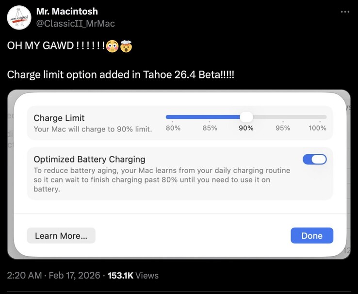 macOS 26.4 Tahoe 似乎增加了对充电限制的支持。