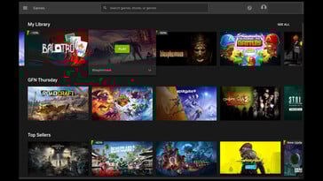 图为Steam Deck 上的 NvidiaGeForce Now 应用程序，包含来自商店前台的畅销游戏和 Nvidia 的 GFN Thursday（每周四添加新游戏）（图片来源：截图由 Nvidia 原生应用程序提供）