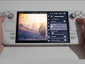Steam Deck 的正面视图，屏幕左侧显示正在运行的 Elden Ring，右侧显示无损缩放插件设置，包括 FPS 倍率、流量缩放和性能模式切换。(图片来源：Deck Wizard/YouTube）