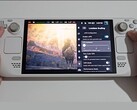 A front-facing view of the Steam Deck with Elden Ring running on the left side of the screen and the Lossless Scaling plug-in settings visible on the right, including FPS Multiplier, Flow Scale, and Performance Mode toggles. (Image source: Deck Wizard/YouTube)