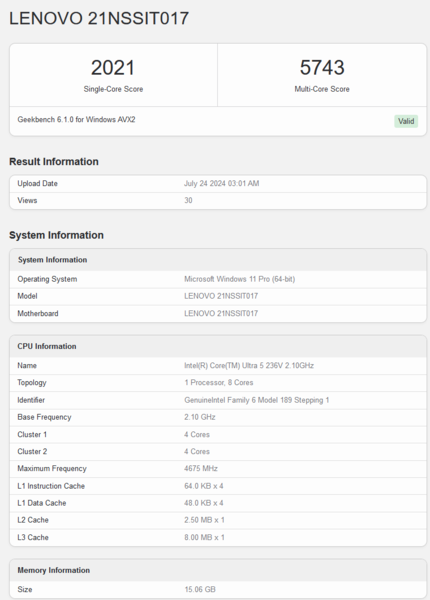 英特尔酷睿5 236V Geekbench跑分（图片来源：Geekbench）