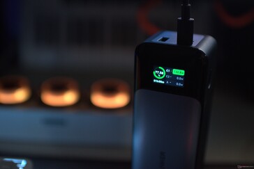 通过 140W USB-C 端口输出，通过 Anker 737 140W 电源箱测量。