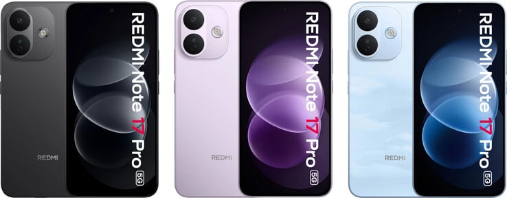 Redmi Note 17 Pro 5G 的正面视图和配色方案