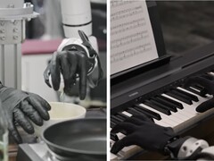 Genesis AI 展示了机械手执行精细动作任务的情况，如敲鸡蛋、切西红柿、连接电缆和弹钢琴。