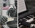Genesis AI 展示了机械手执行精细动作任务的情况，如敲鸡蛋、切西红柿、连接电缆和弹钢琴。