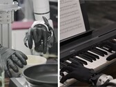 Genesis AI 展示了机械手执行精细动作任务的情况，如敲鸡蛋、切西红柿、连接电缆和弹钢琴。