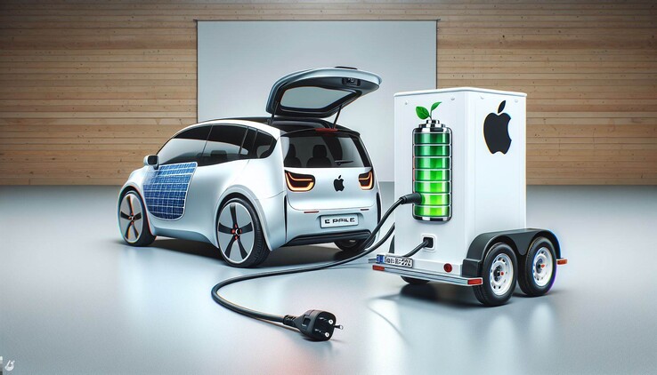 带有车外电池系统的Apple 汽车的人工智能效果图。(图片：Dall-E 3）