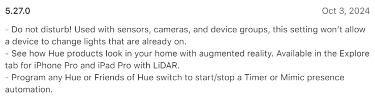 飞利浦 Hue 应用程序 5.27.0 版本的更改日志（图片来源：飞利浦 Hue）
