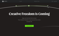 Serif Affinity 软件包的粉丝们担心,由于这个新的登陆页面,Affinity 将推出一个人工智能密集型产品和一个订阅模式。(图片来源:Affinity)