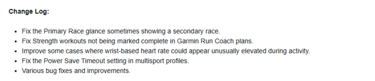 针对旧版 Garmin Forerunner 智能手表的公开测试版 25.02 的更改日志。(图片来源：Garmin）