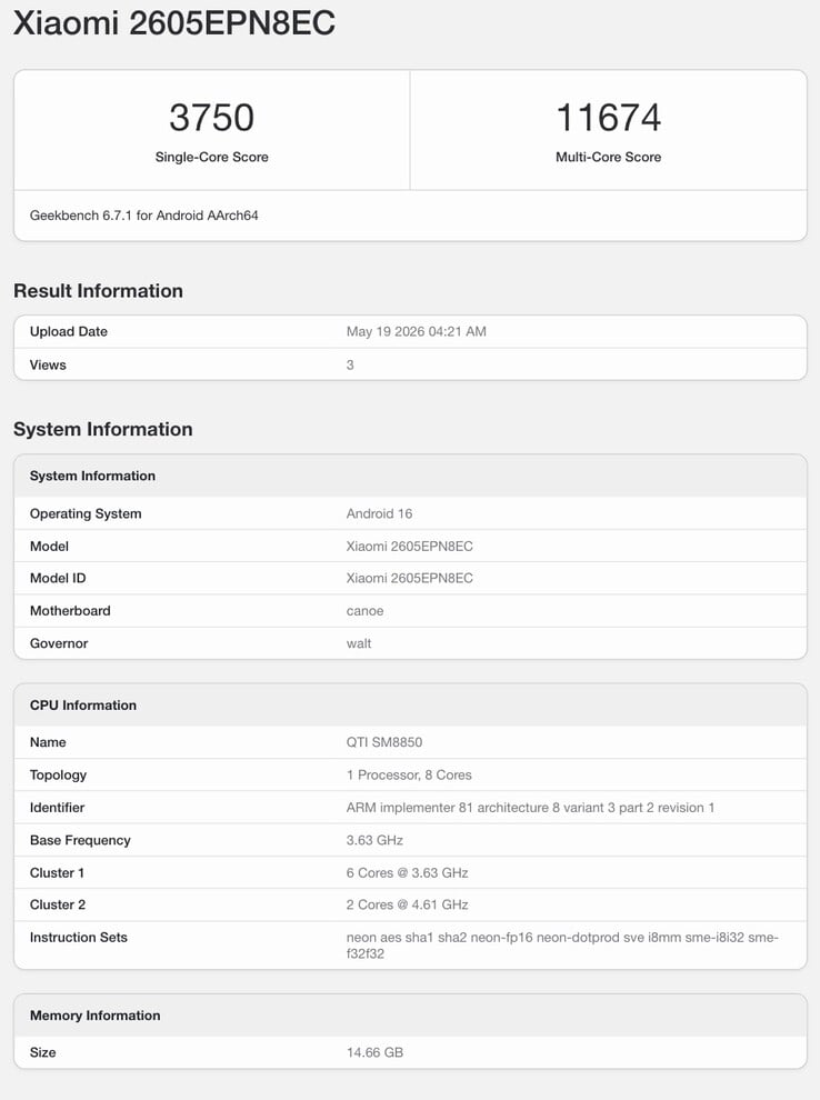 据称是小米 17 Max 的 Geekbench 列表。
