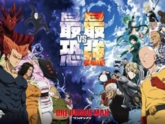 动画片《一拳超人》的宣传海报，右侧是埼玉、基诺斯和其他英雄，左侧是强大的反派和怪物，背景是壮丽的天空。(图片来源：《一拳超人）