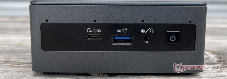 前面。USB4（20Gbps，DisplayPort）Type-C，USB-A 3.2 Gen 2（10Gbps），组合音频，电源按钮