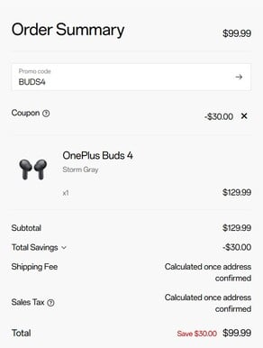 使用优惠码后的 Buds 4 售价（图片来源：OnePlus）