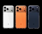 新款 Spigen Ultra Hybrid T 透明保护壳有亮橙色、透明白色和哑光蓝色可供选择，与 iPhone 17 Pro (Max) 的颜色相匹配。(图片来源：Spigen）