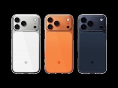 新款 Spigen Ultra Hybrid T 透明保护壳有亮橙色、透明白色和哑光蓝色可供选择，与 iPhone 17 Pro (Max) 的颜色相匹配。(图片来源：Spigen）