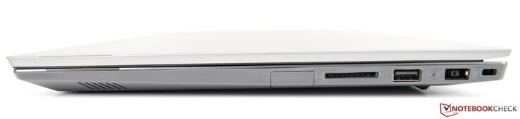 Right-hand side: USB 2.0 Type-A (hidden behind a flap), 4-in-1 card reader, USB 3.1 Gen 1 Type-A, power connector, Kensington lock slot