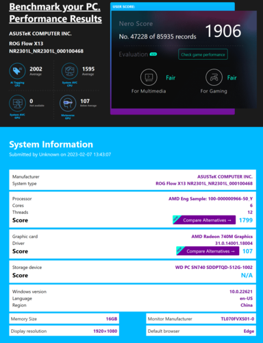 华硕ROG Flow X13的AMD Ryzen 5 7540U与Radeon 740M。(来源：Nero)