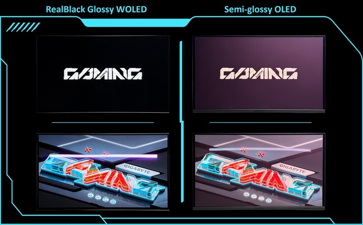 技嘉 RealBlack 光面 WOLED 面板与半光面 OLED 面板的对比。