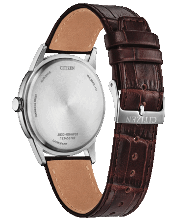 西铁城Rolan AW2110-14Z的背面视图,可见其不锈钢表背以及配有品牌标志表扣的棕色皮表带。